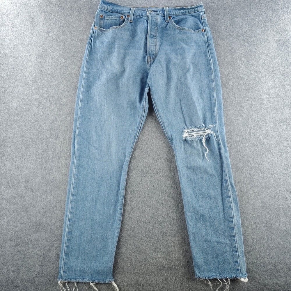 Levi's 501 Original Fit Jeans Womens 32x28 Blue Distressed Raw Hem Denim